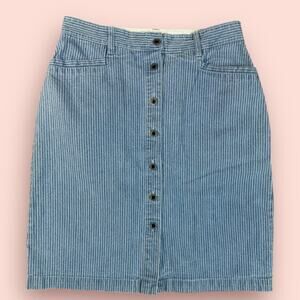 Vintage Button Down Denim Striped Skirt High Rise Railroad Stripe Medium Boho